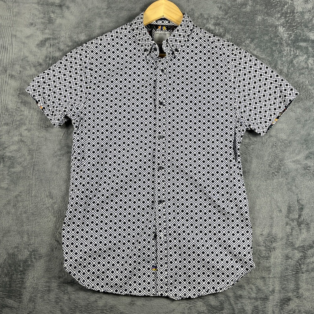 Denim & Flower By Ricky Singh Shirt Mens Small Black White Geometric Button Down